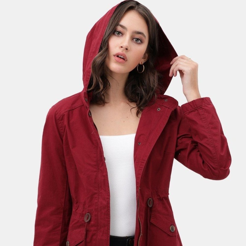 Long Line Hooded Utility Anorak Jacket Coat (Wine Color)